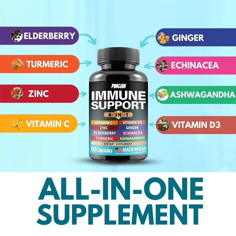 

Добавка для поддержки иммунитета, содержащая Echinacea, витаминный цинк, куркума, южноафриканский пьяный баклажан, пожизненная ягода - 60 капсул