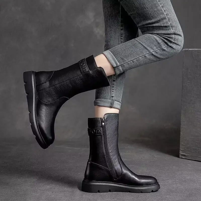 Round Toe Women\'s Half High Boots Elegant Fashion Ladies Mid Calf Shoes Designer Luxury Quality Footwear Winter 2025 Novelty Pu