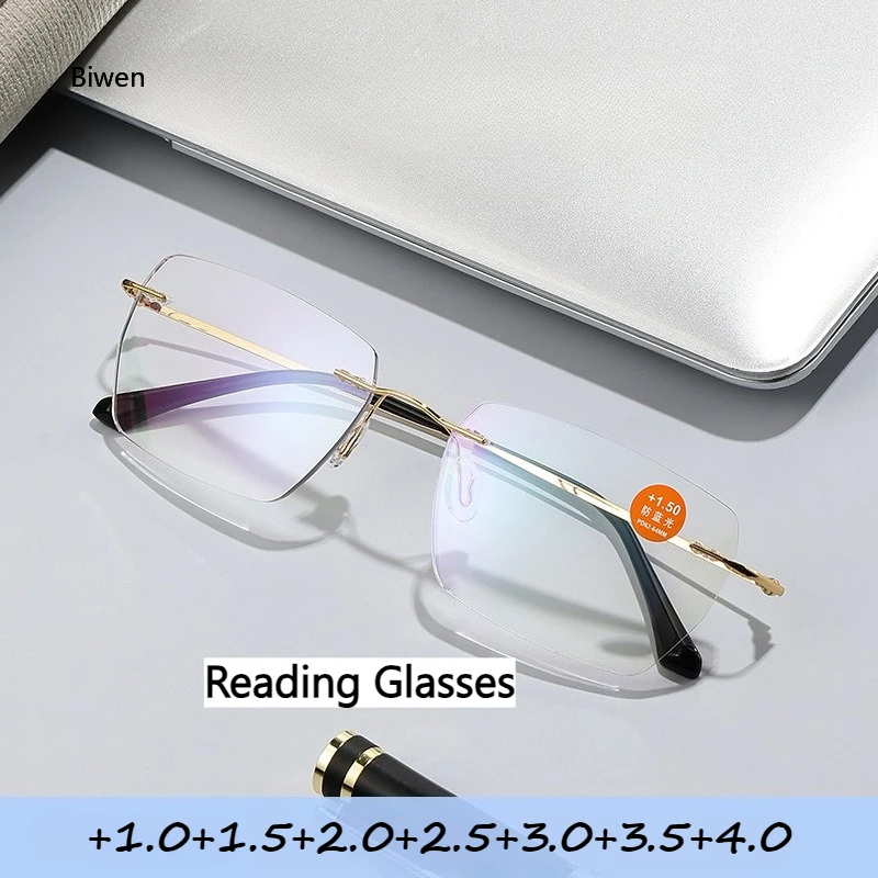 

Men Rimless Reading Glasses Prescription Lenses Presbyopic Eyewear Women Blue Light Blocking Lenses Al-Mg Eyeglasses Frame