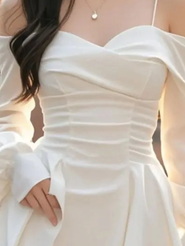 SMTA エレガントなサテンのレディースドレス豪華なオフショルダーストラップ長袖イブニングパーティーミニドレス女性カジュアルショート Vestidos