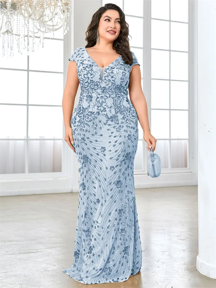 Plus Size Elegant Blue Evening Dress For Women 2025 Luxury Long Mermaid Formal Sequins V-neck Prom Wedding Party Gowns