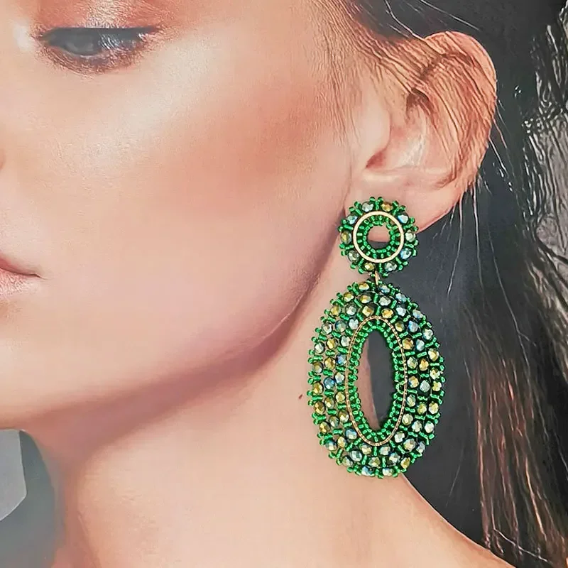 ZGMXR Rice bead earrings Exaggerate Crystal Geometry Ellipse Hand knitting Bohemia Alloy Fashion Green  Simple Beaded earrings