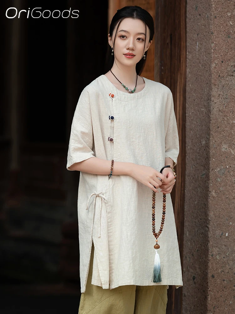 

OriGoods Oversized Long Blouse 2025 Summer New Short Sleeve Long Shirt Women Ramie Cotton Chinese Style Zen Oversized Top C121