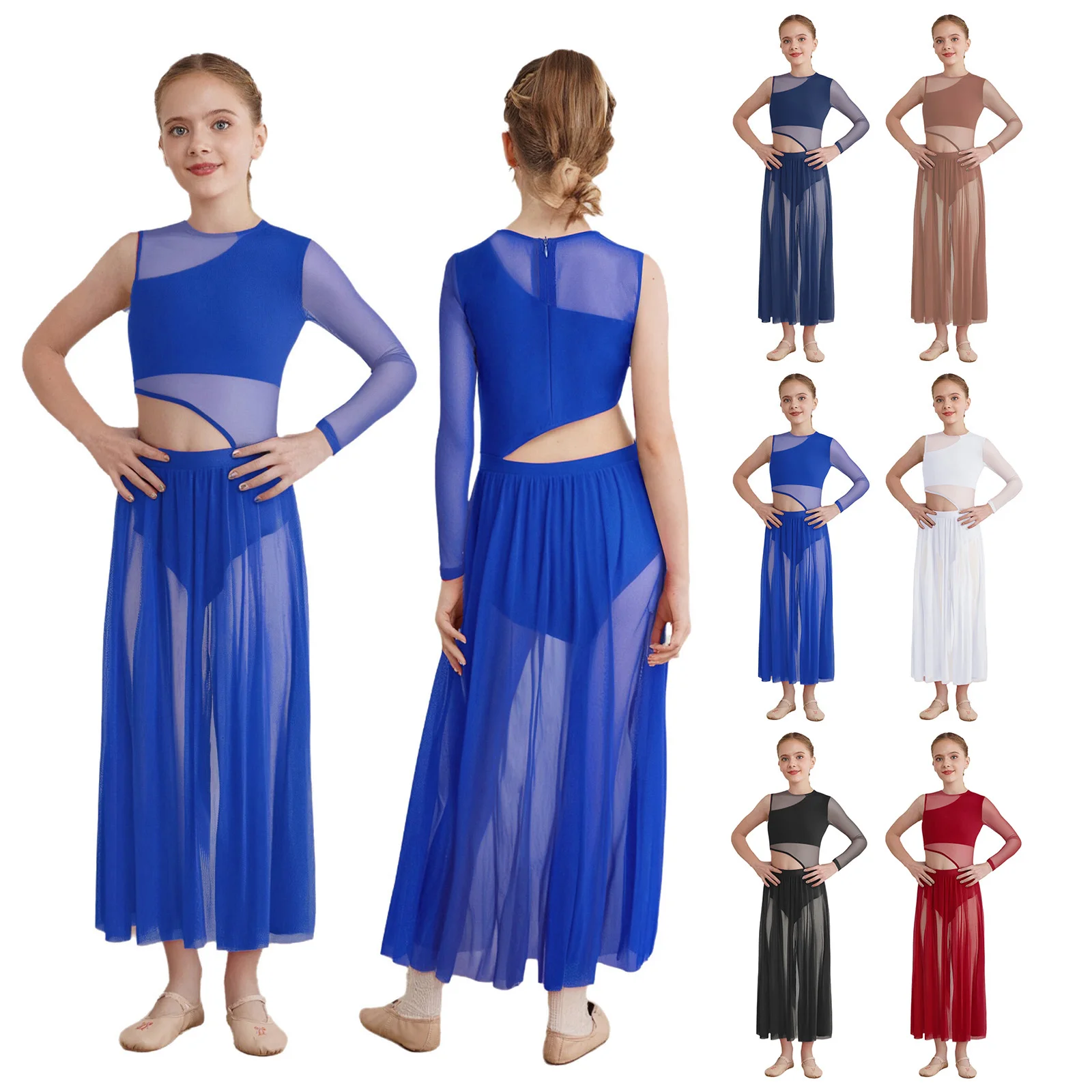 Kids Girls Ballet Dress Modern Contemporary Lyrical Dance Performance Costume Cutout Back Patchwork Sides Split Sheer Mesh Dress