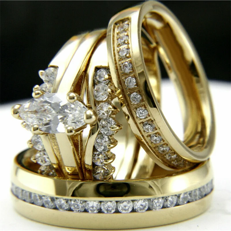 CAOSHI Gorgeous Gold Color Promise Rings for Couples Luxury Wedding Bands Accessories with Bright Zirconia Trendy Finger Jewelry