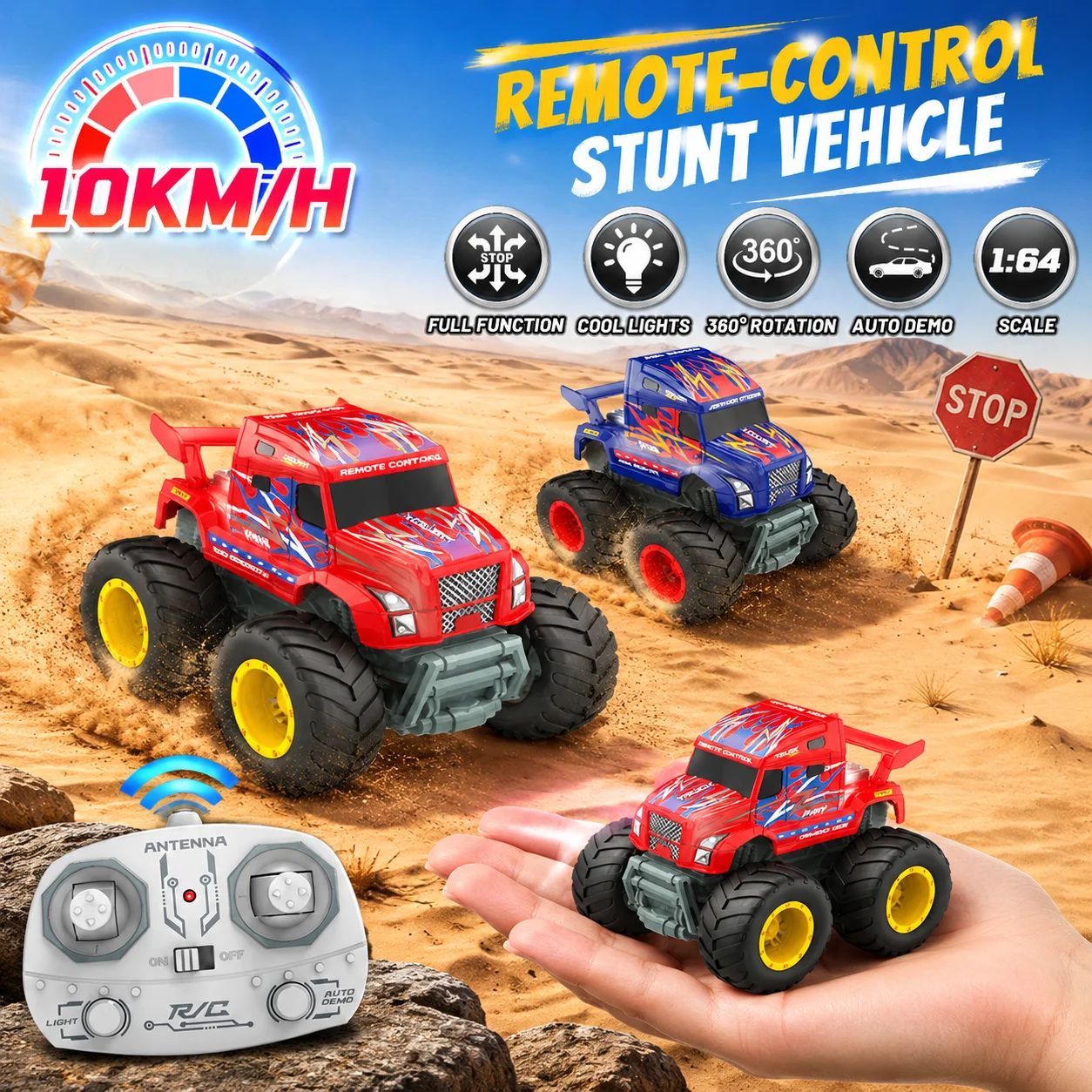 1/64 RC Stunt Car 2.4G Mini Desktop Remote Control Truck With LED Light 360 Rotation Off-road Climbing Vehicle Toy for Kids Gift
