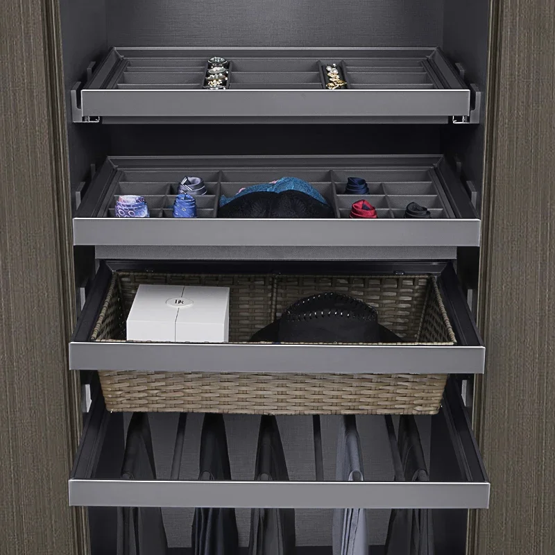 Wardrobe basket drawer type jewelry box cloakroom pull-up pants rack, wardrobe built-in telescopic slide rail storage