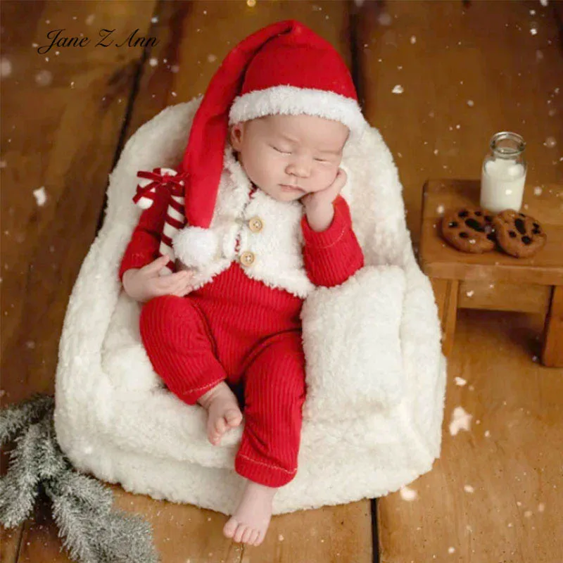 

Newborn Christmas Santa outfit set baby photography costume 3pcs red romper white vest + hat