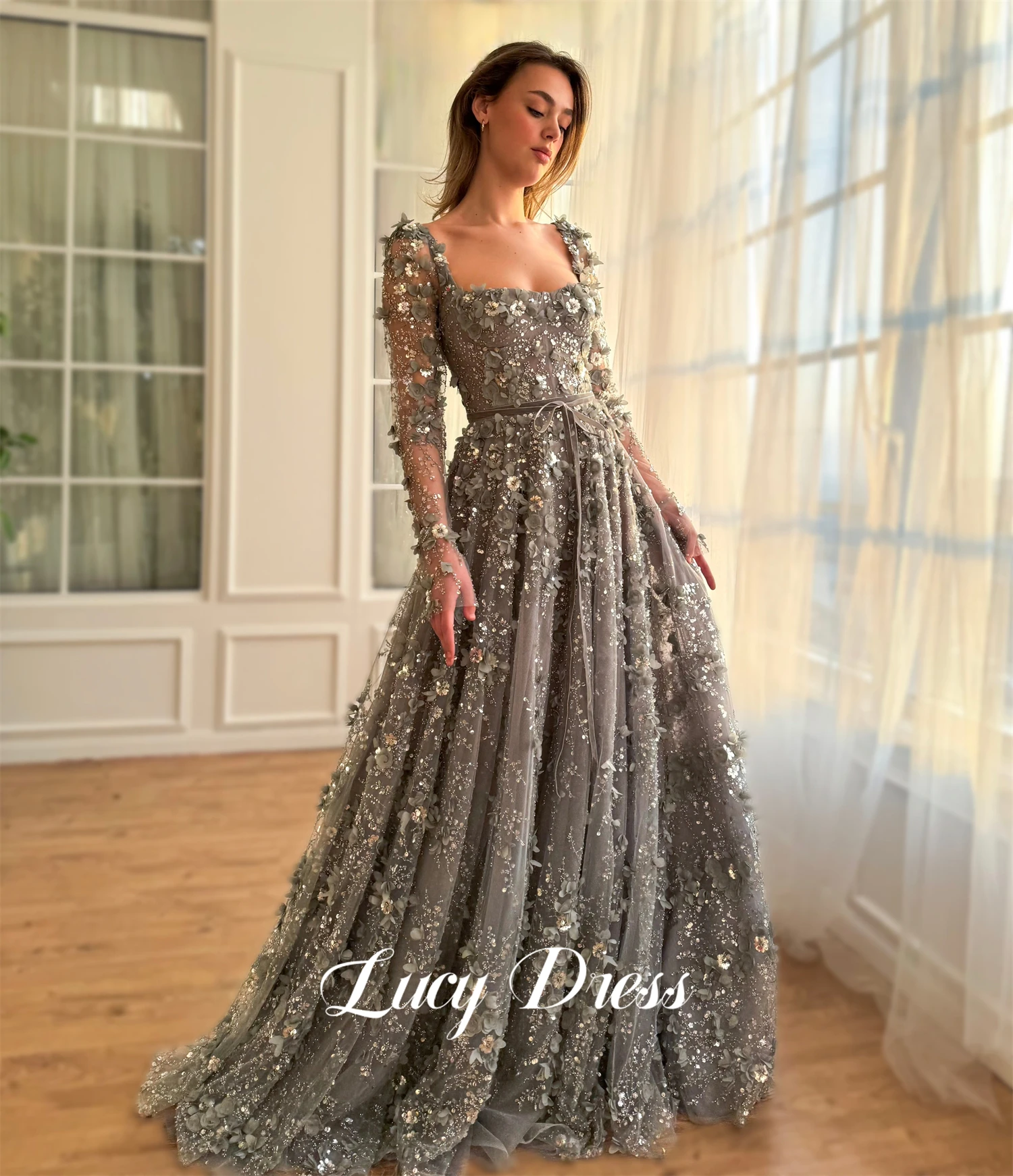 Lucy Grey Floral Fabric Wedding Dress Long Sleeves Evening Prom Dresses 2024 Women Robe De Soiree Femmes Ball Gowns Customized