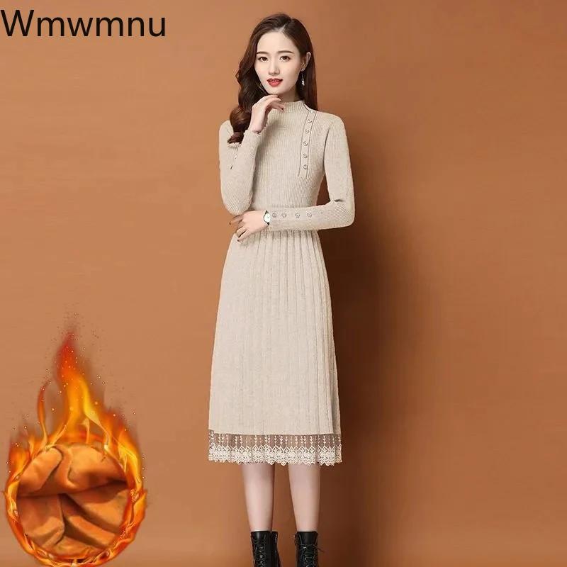 Winter Warm Knitwear Midi Vestido Thicken Half Turtleneck Knitted Dress Slim Lace Sweater Dresses Elegant Casual Women Robe