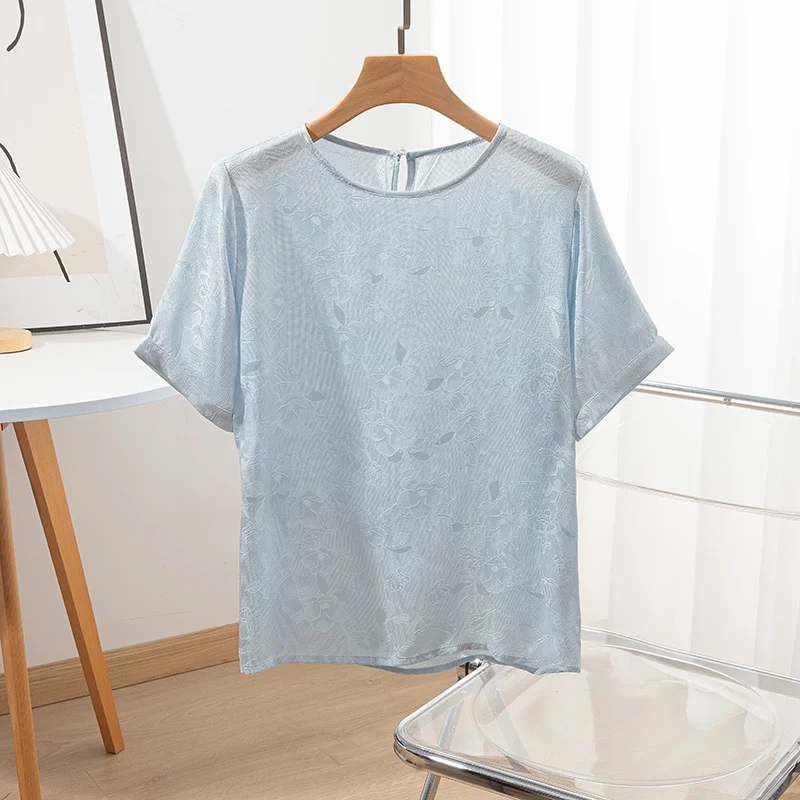 Winsleter, 100%Real Silk Short Sleeve T-Shirt, Woman O Neck Jacquard, Elegant Loose Basic Thin Top, 2024 Summer Autumn T469112QM