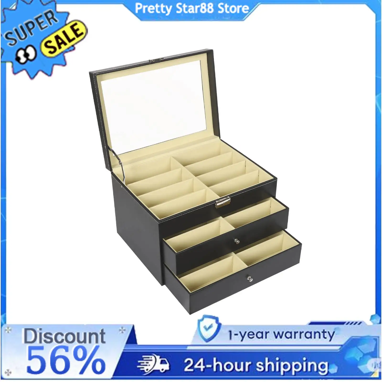 

3 Layers Organizer Leather with Drawer 24 Slots Glasses Box Display Storage Case Rust-resistant for Sunglasses