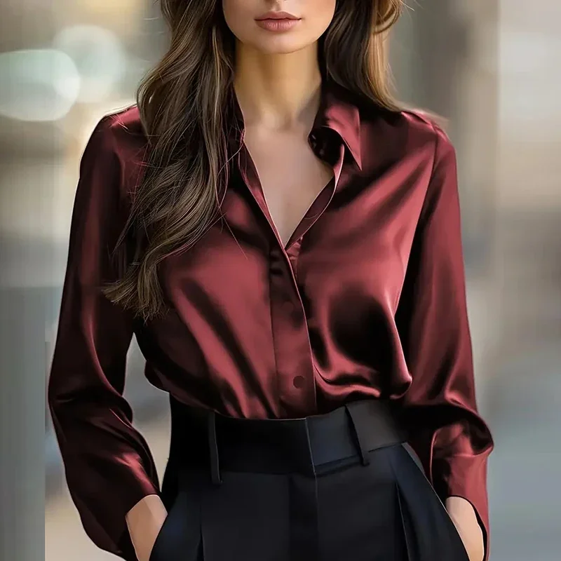

New Long Sleeve Shirt Women Fashion Turn Down Collar Button Blouse Women Casual Silk Tops Female Satin Shirt Blue Black