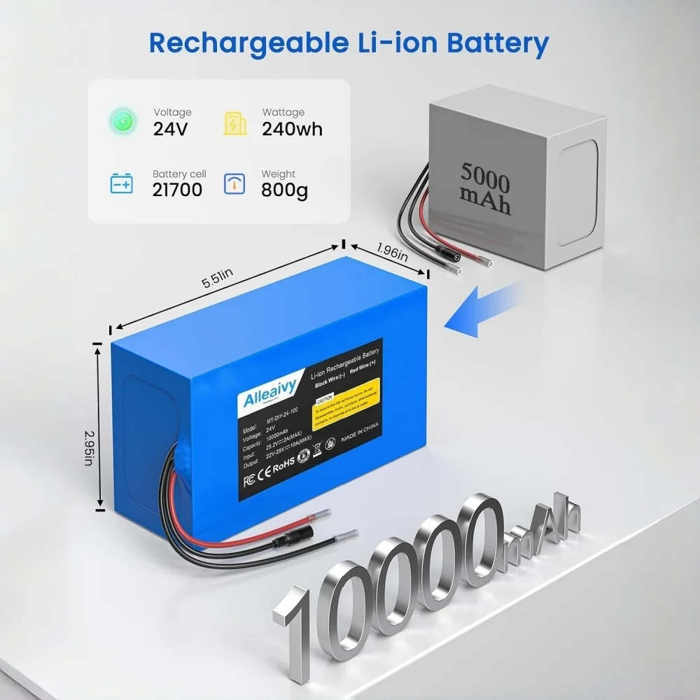 24V 10Ah Rechargeable Li-ion Battery,Cable Connector for Kids Ride On Cars,DIY Project,Solar Panels,LED Light Strip,CCTV Camera