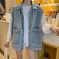 Women Denim Waistcoat Korean Jeans Sleeveless Jackets Chic Vintage Lapel Broad Shoulder Single Breasted Flap Pockets Vest Coat