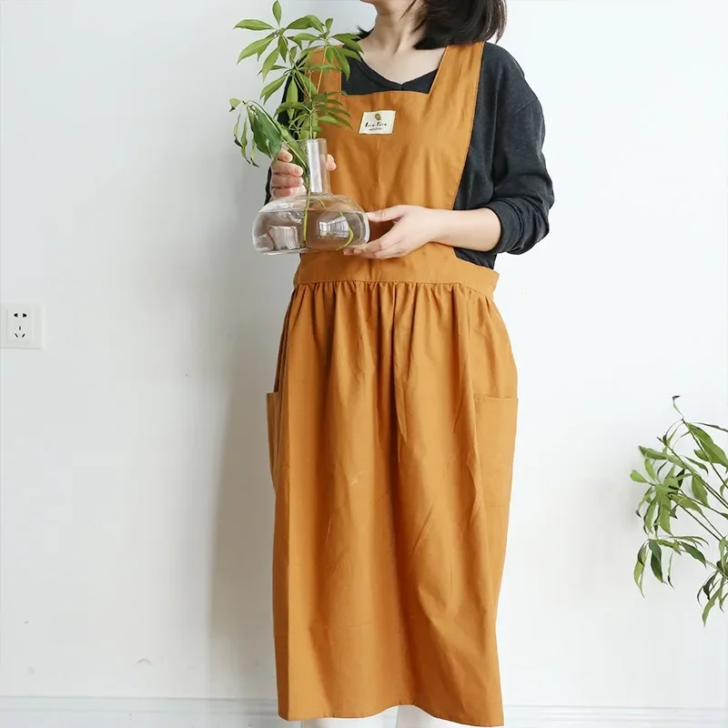 Long Large Pleated Cotton Waterproof Apron Kitchen Women's Cross-back Oilproof Stain-resistant Pinafore Smock for Cooking Baking