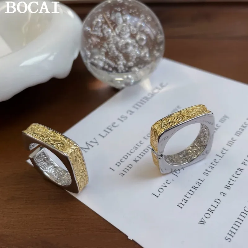 

BOCAI NEW S925 Silver Retro Luxury China-Chic Style Wide Version Tang Grass Pattern Ring Male And Female Gift