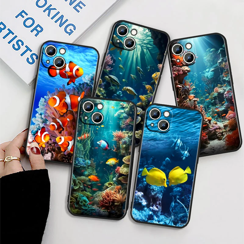 Landscape Fish Sea Turtle Animal For iPhone 15 14 13 12 11 XS XR X 8 7 SE Pro Max Plus Mini Black Cover Phone Case