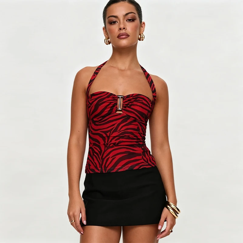 Women Summer Halter Tank Top Obsession Horror Movie Inspired Cosplay Costume Trendy Zebra‑Stripe Print Sexy Sleeveless Crop Top