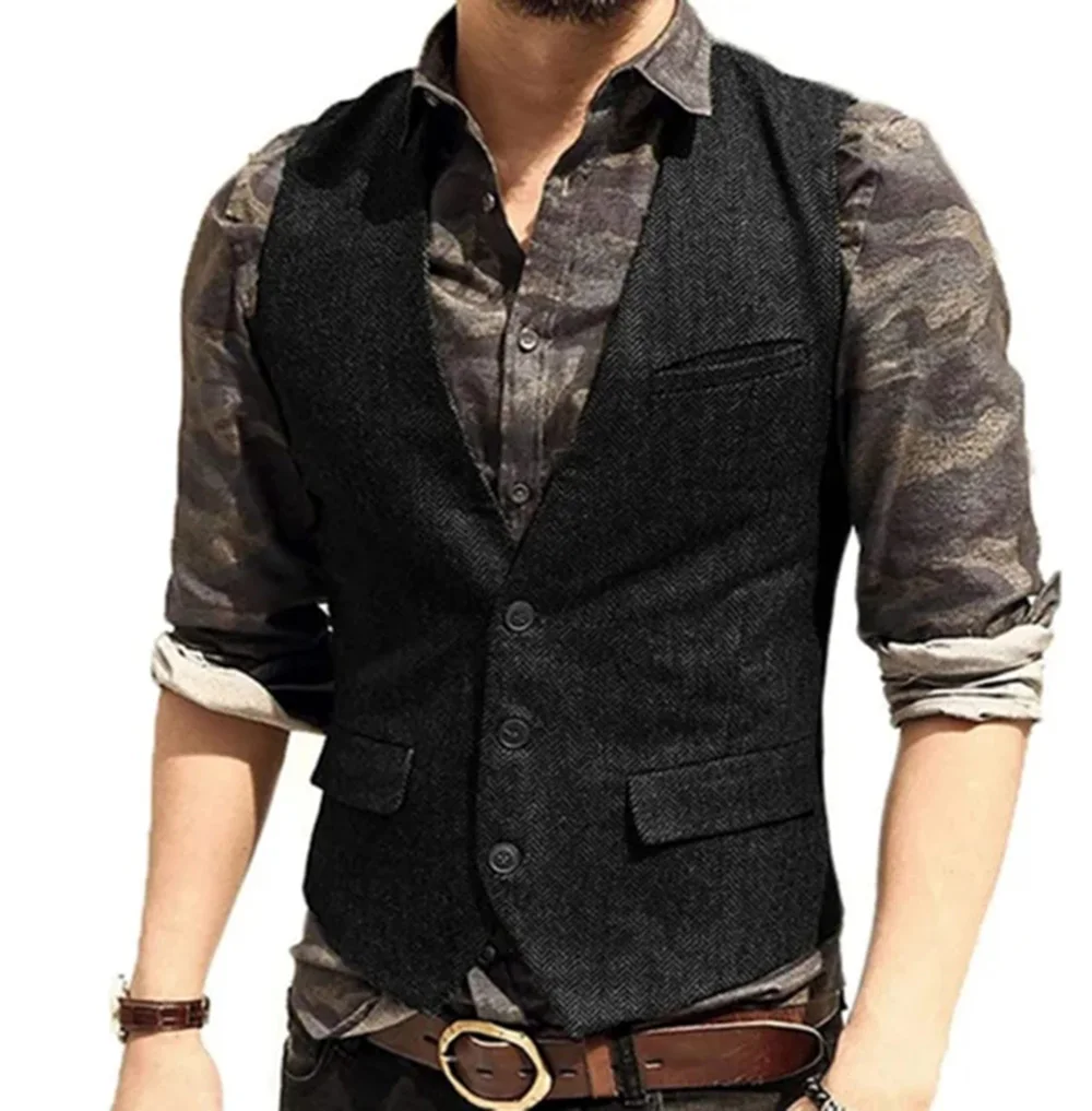 Black Flip Pocket Men Suit Vest V Neck Jacket Herringbone Tweed Business Waistcoat Wedding Groomman Clothing Victorian Steampunk