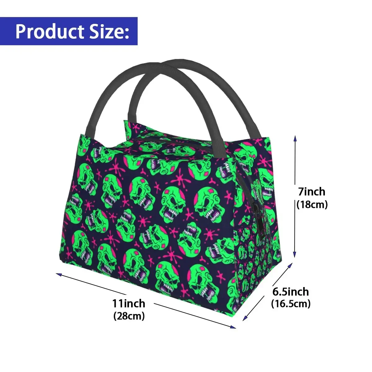 Neon Zombie Skull Lunch Bag Abstract Print Fun Lunch Box School Portable Zipper Thermal Tote Handbags Adult Oxford Cooler Bag