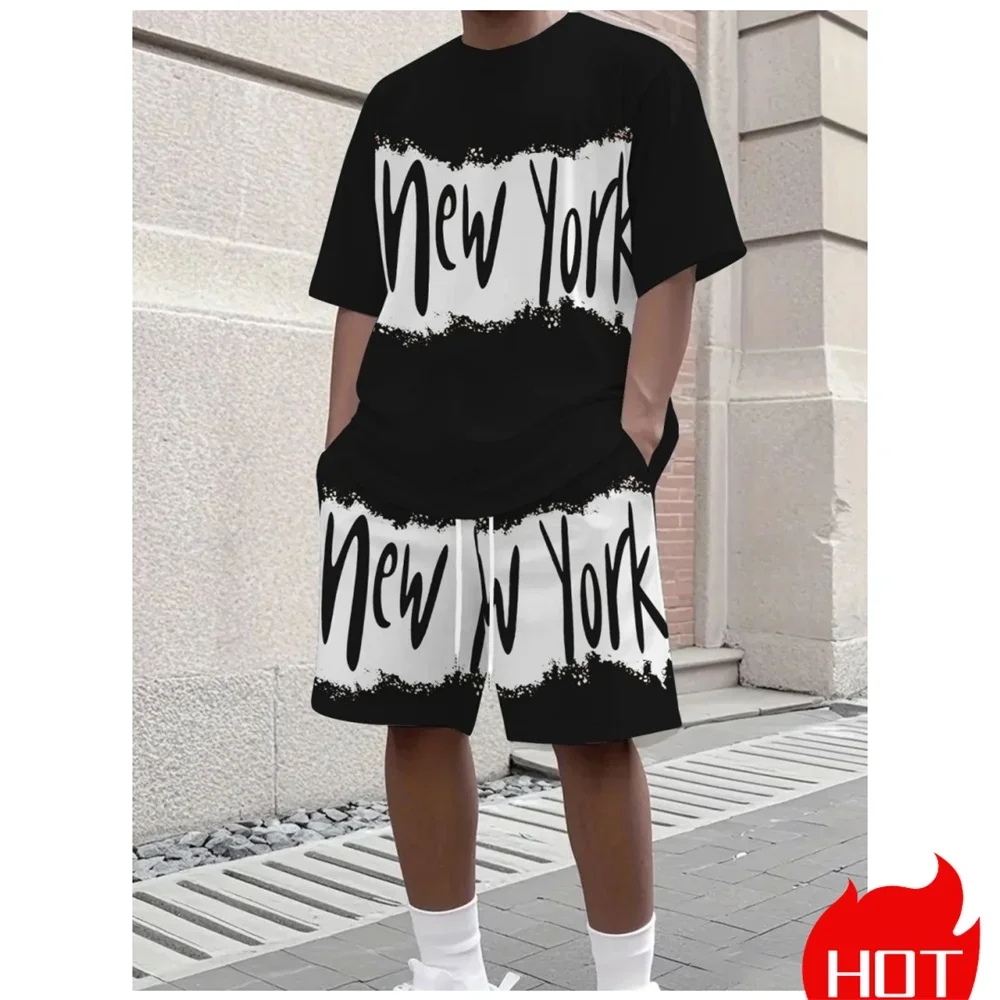Men's Summer Letter Print Soft And Breathable Round Neck T-shirt Shorts Set Outdoor Street Style Men's Clothing Y2k T-shirt Suit