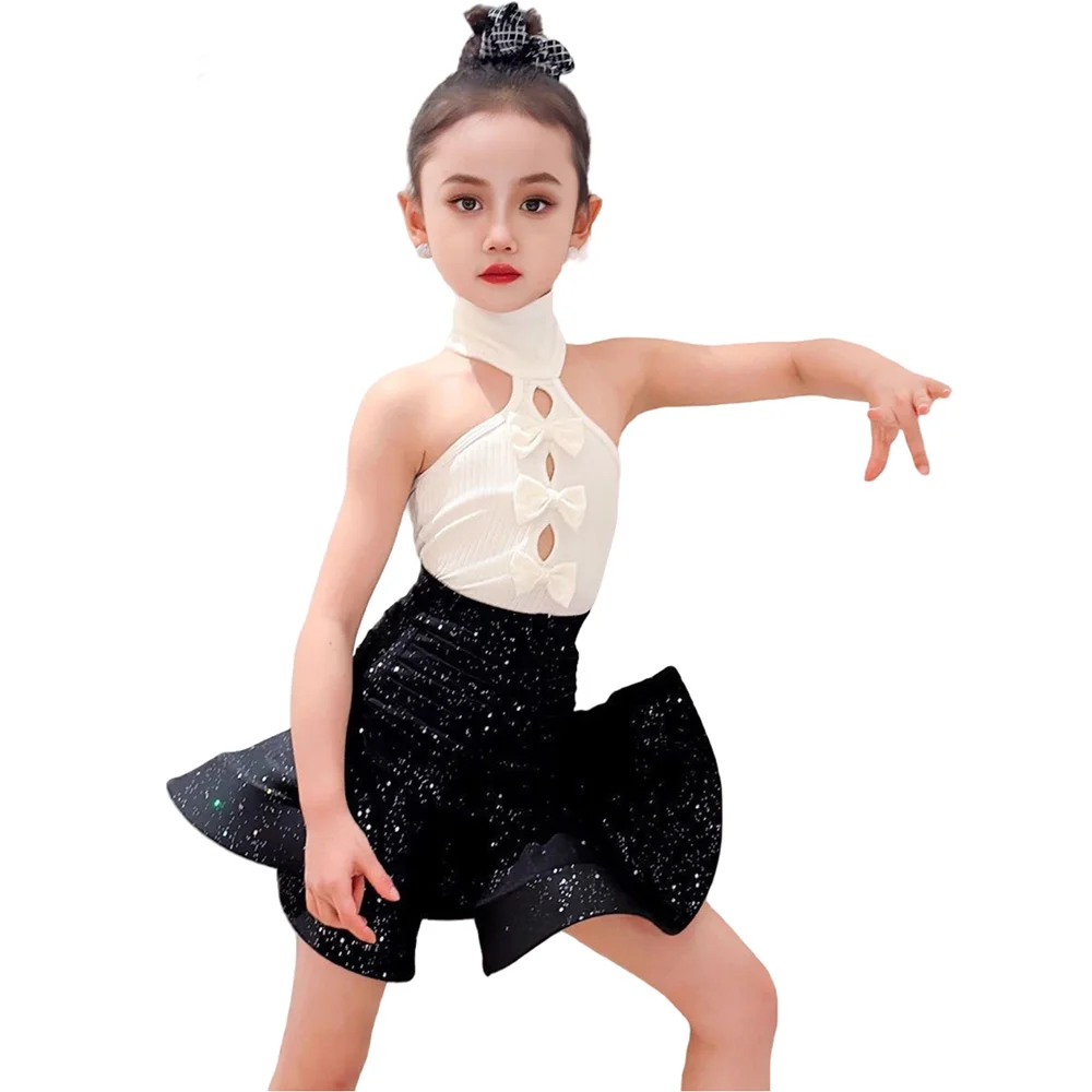 فساتين رقص لاتينية احترافية للأطفال للفتيات، تنورة رسن لامعة، ملابس رقص سامبا السالسا رومبا، فستان أداء للأطفال