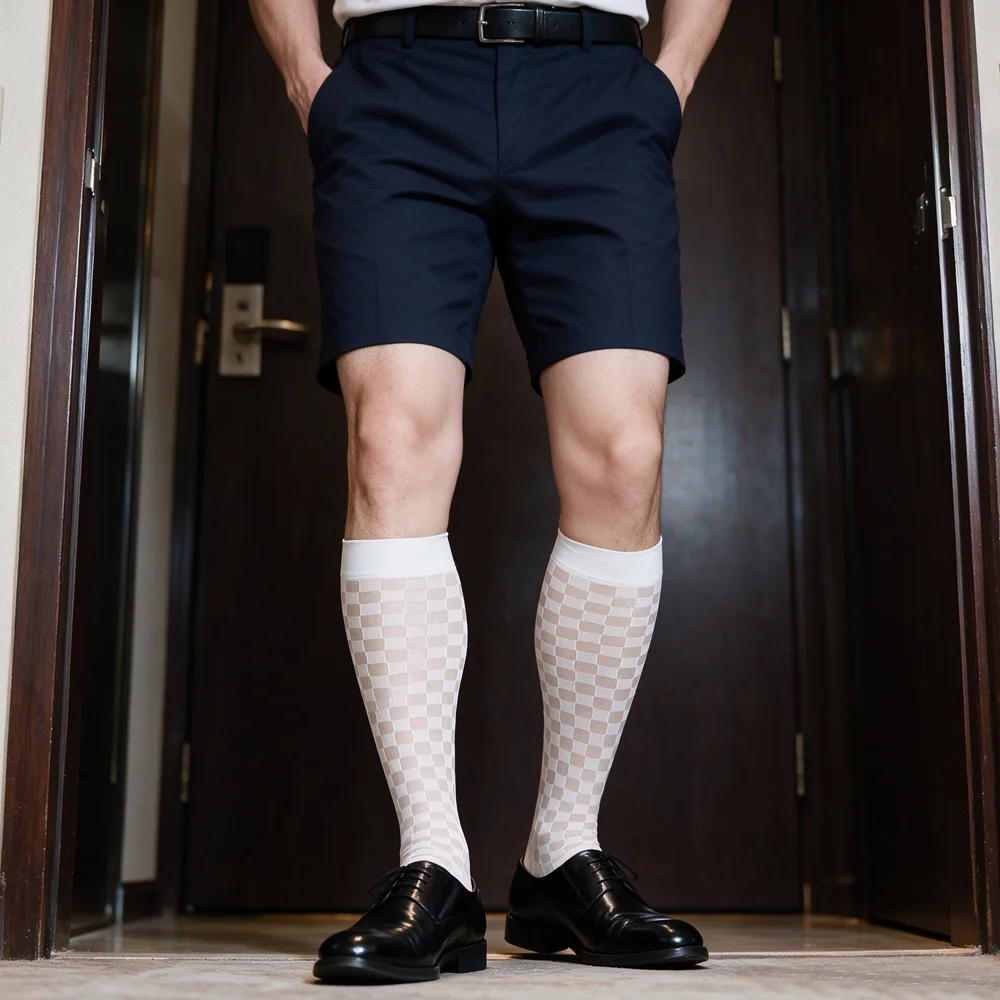 Men's Sheer Knee High Checkered Grid Over-Calf Tube Socks Breathable Stretch Business Casual Dress Socks for Office Suit Shorts