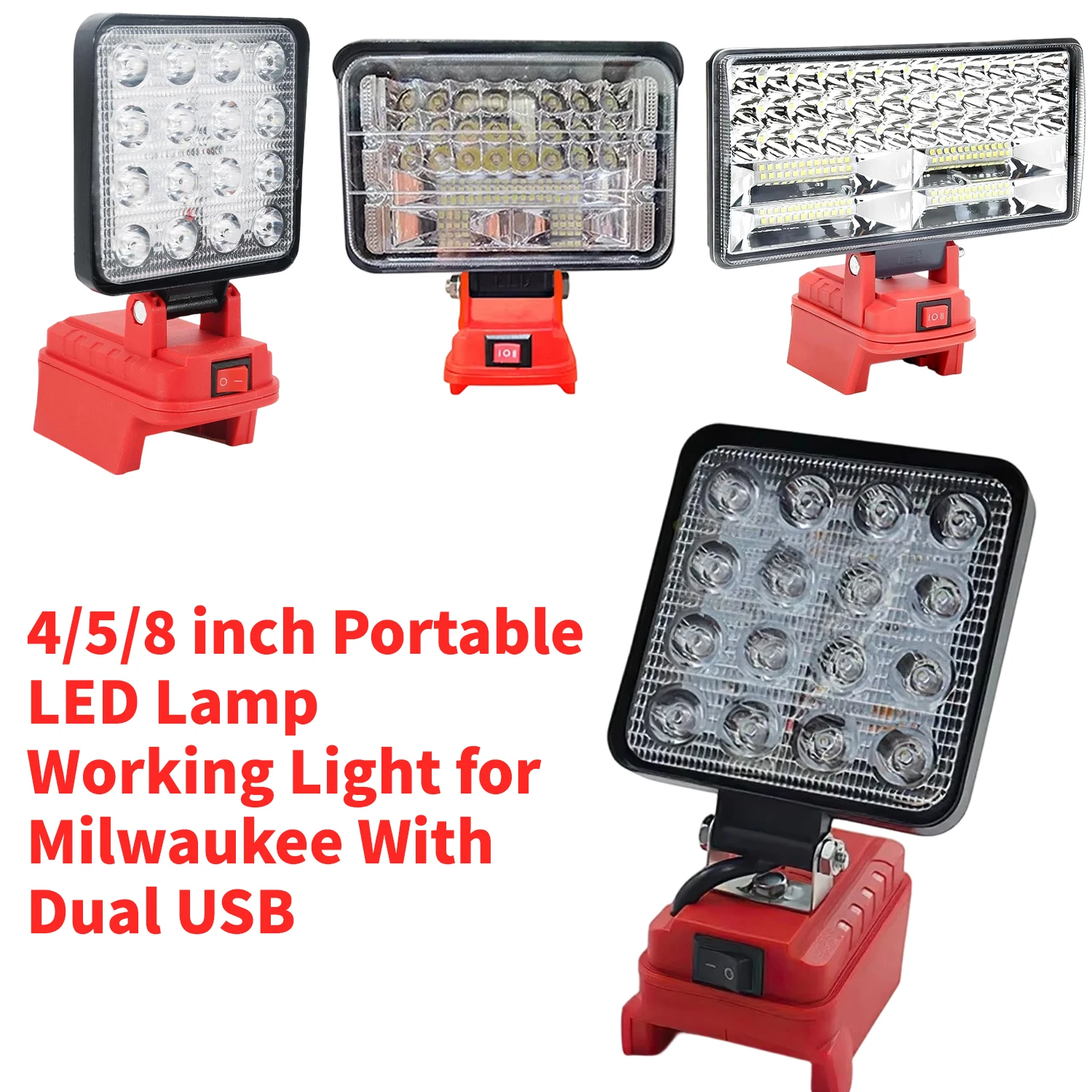 4/5/8 inch Portable LED Lamp Working Light for Milwaukee 18V Battery Cordless Flood Light with dual USB Charging Port