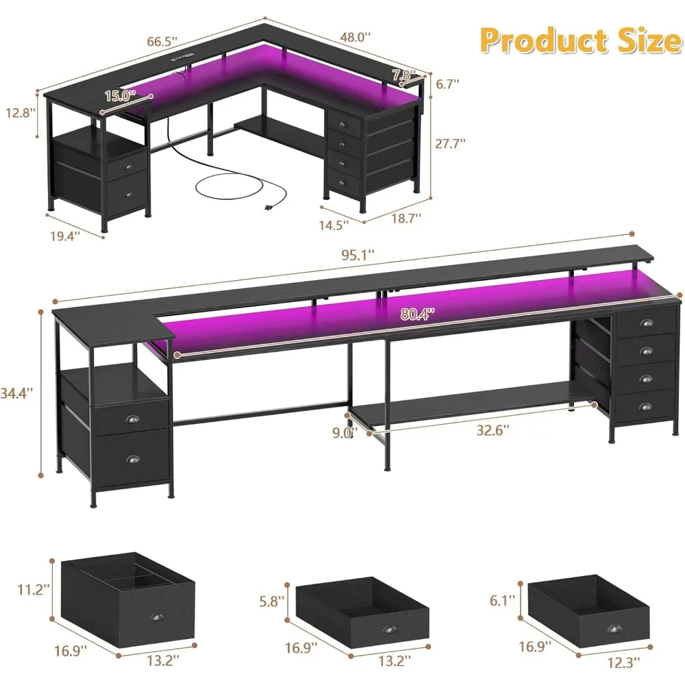 95 Two Person Computer Gaming Desk, Long 2 Person Home Office Desk with 6 Drawers & Storage Shelves, Double Table with