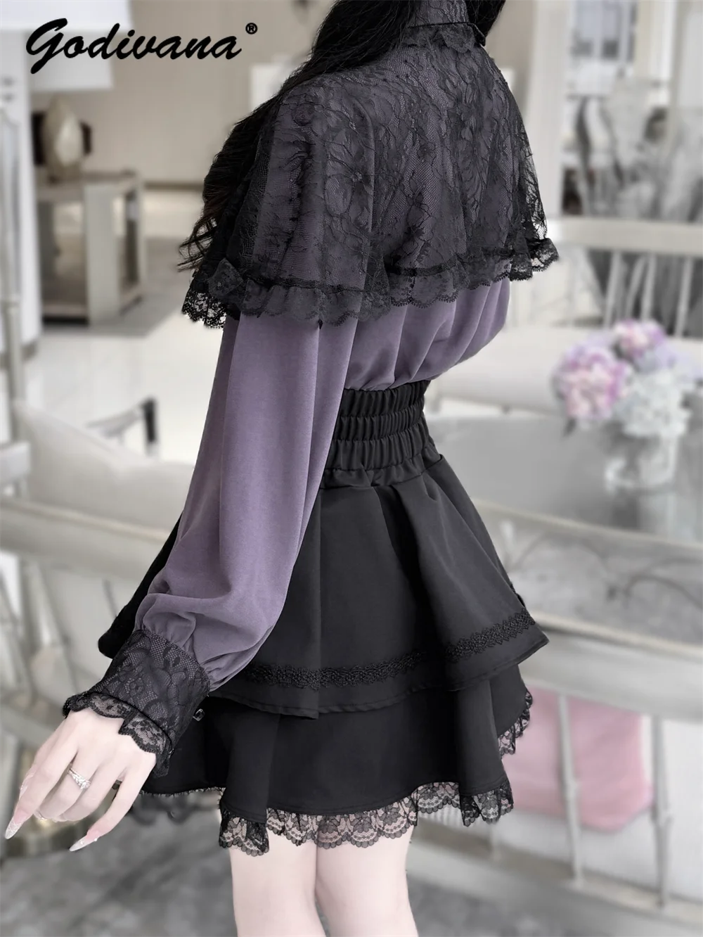 Japanese Mine Mass-produced Lace Spliced Long-sleeved Bow Lolita Cloak Shirt Top High Waist Short Skirt 2 Piece Womens Skirt Set