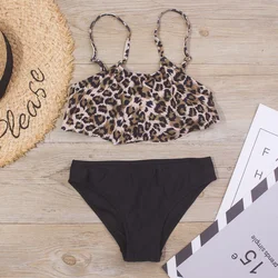 Strój kąpielowy dziecięcy bikini dziewczyny Tankini stroje kąpielowe Leopard kostiumy kąpielowe plażowa dla dziewczynek Biquini Infantil dla dzieci kostiumy kąpielowe