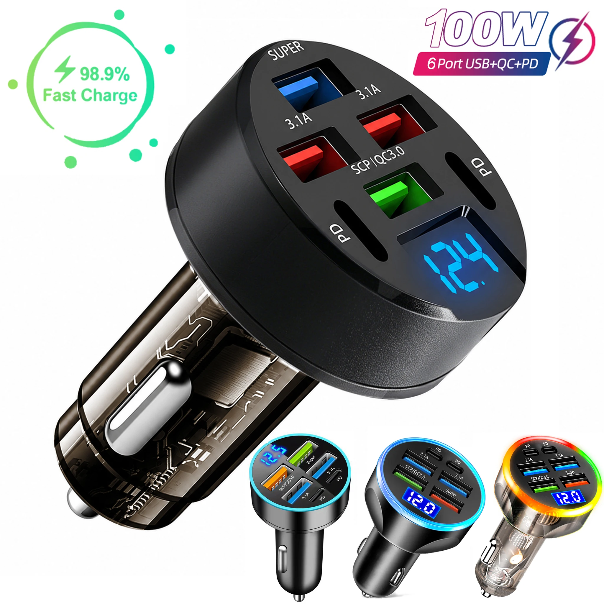 100W 6 Port Car Charger 4 USB-A 2 USB-C Ports with LED Digital Voltage Display QC3.0 SCP PD Fast Charging Adapter for iPhone