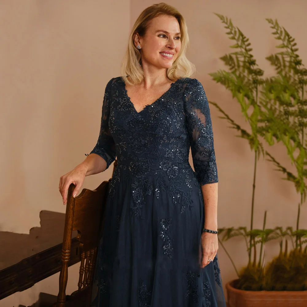 Robe mère trapèze à col en V pour mariage, demi-manches, avec des Appliques en dentelle scintillante, robes de soirée de mariage, avec traîne de balayage, robe formelle