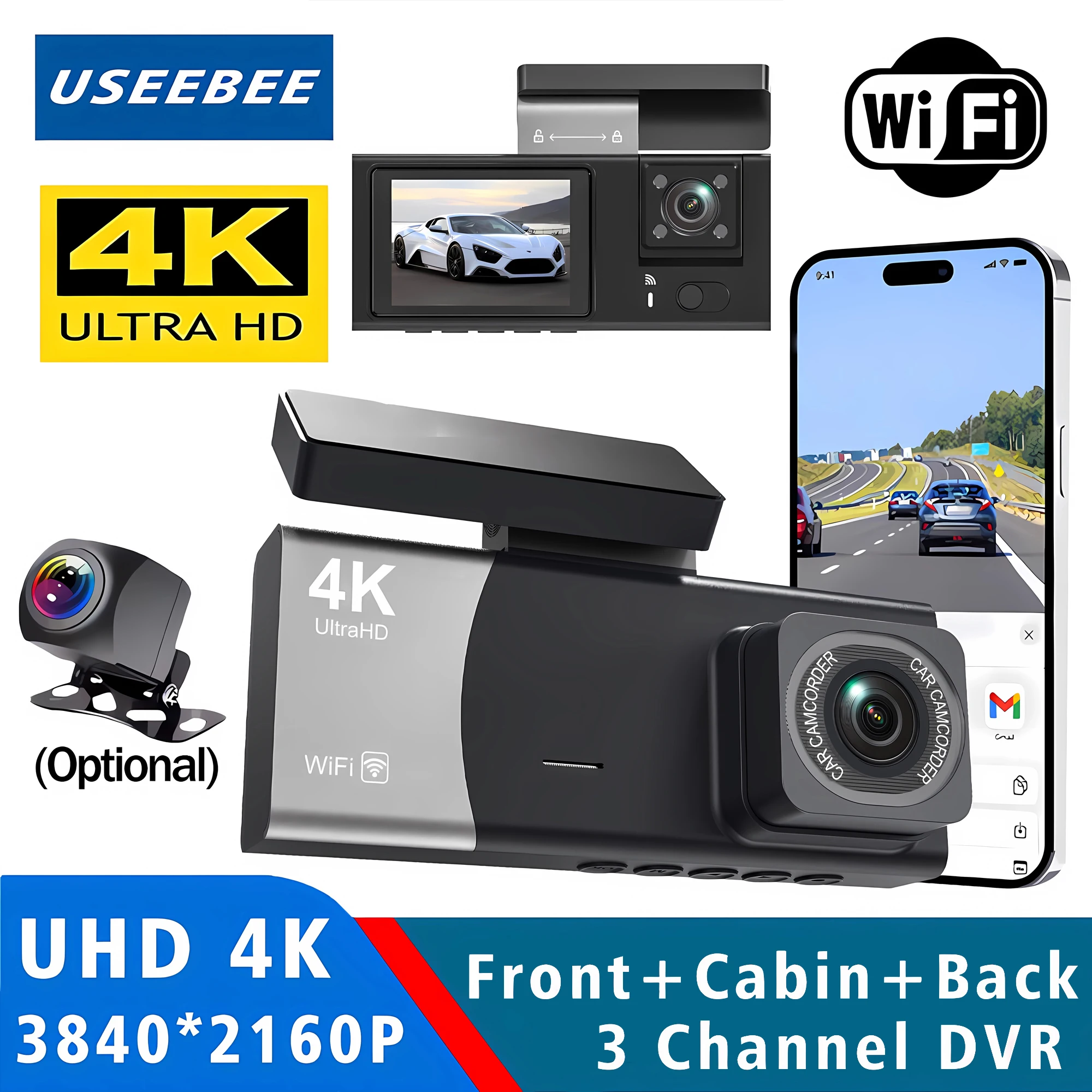 

3-канальная видеорегистратор 4K 2160P, передняя внутри и задняя автомобильная камера Wi-Fi с управлением через приложение, ночное видение, 24 часа, режим парковки, видеорегистратор