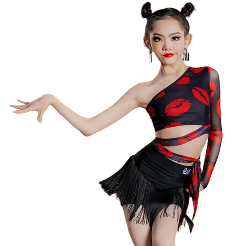 irls Latin Dance Costume Outfit Single Sleeve Tops Tassel Skirt ChaCha Dancing Clothes Children Samba Tango Practice Wear
