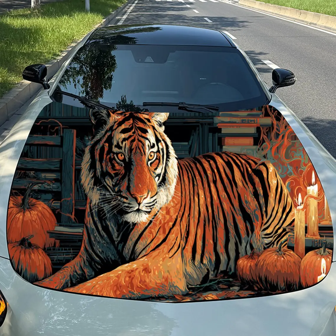 Impressive Orange Tiger Car Hood Stickers - Self-Adhesive, Waterproof and Durable Vinyl Wrap, Decorate And Protect Your Car, Fit