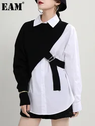 [EAM] Women Black Knitting Irregular Buckle Big Size Blouse New Lapel Long Sleeve Shirt Fashion Tide Spring Autumn 2024 1DH5343