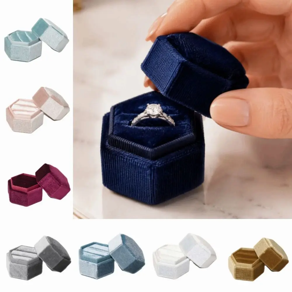 Durable Velvet Hexagon Vintage Ring Box Elegant Double Slot Jewelry Display Case Soft High-End Ring Packaging Box Gift