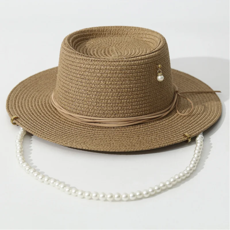 

New elegant beach hat for women with pearl decorative ropes, high-quality summer women's sun protection straw hats