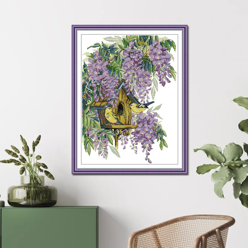 

Joy Sunday Stamped Cross Stitch Kits,11CT Printed Pattern Embroidery Kit DIY Home Decor-Bird's Nest Under Purple Flowers