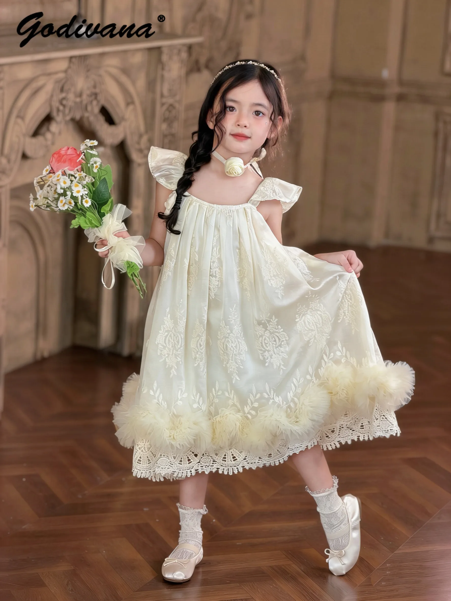 Sweet Baby Girls High End Heavy White Embroidery Princess Dress 2026 New Summer Kids Exquisite Flutter Sleeves Tulle Vest Dress