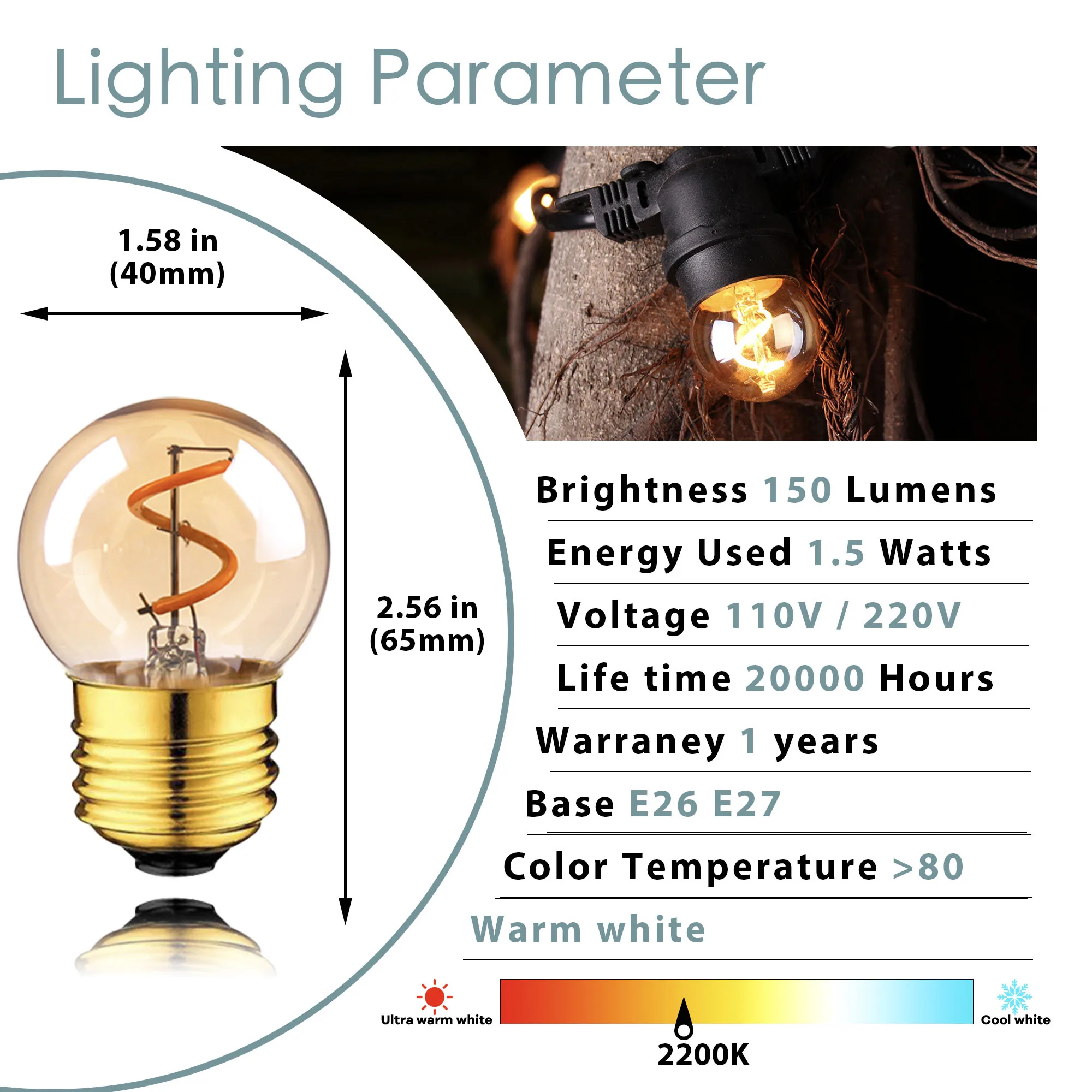 6Pack Mini Globe E27 Light Bulb G40 1.5W LED Spiral Filament Replaces 15Watt 2200K Vintage Dimmable Decorative Edison Lamp Bulb