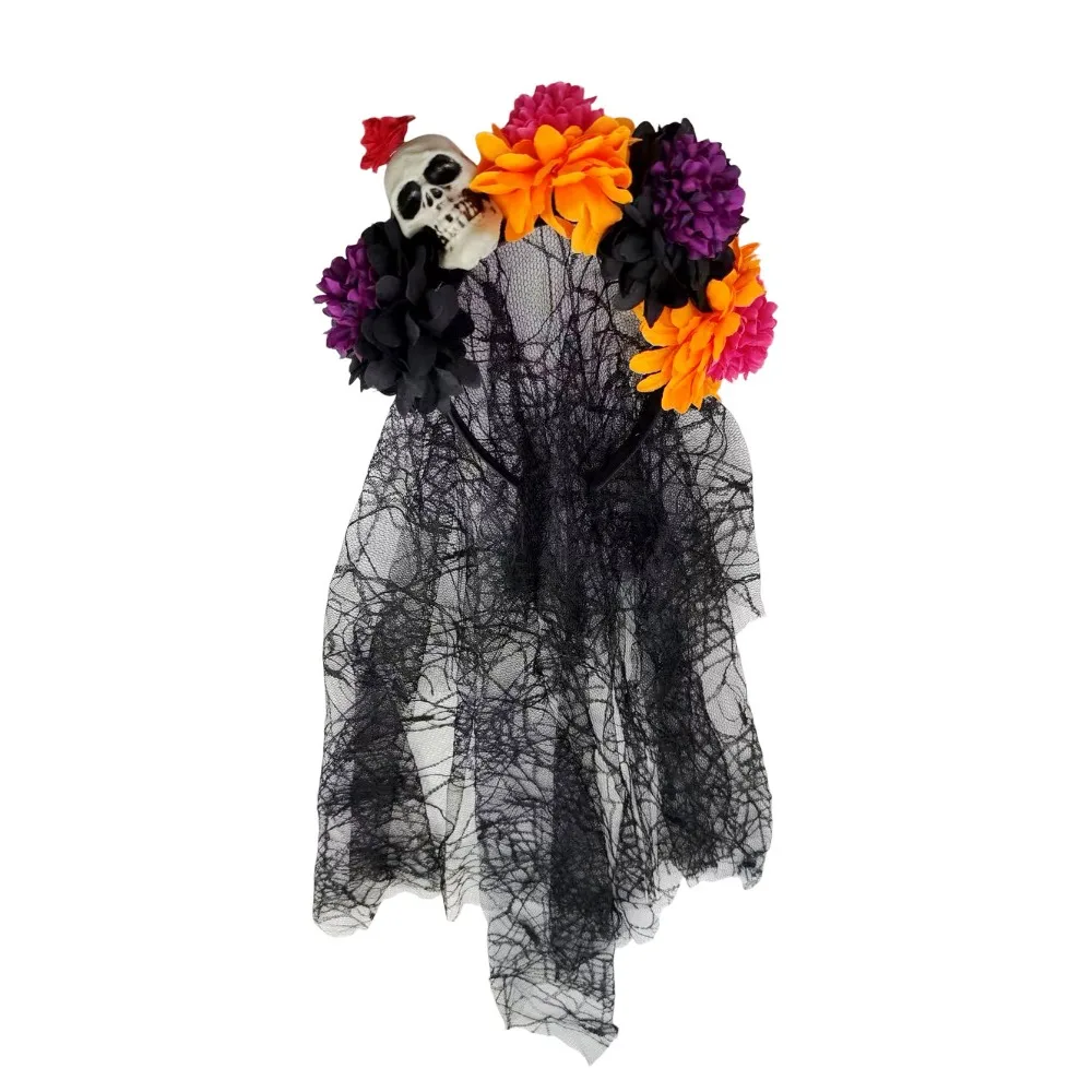 Artificial Flower Halloween Flower Headband Black Veil Lace Veil Halloween Skull Hair Hoop Photo Prop Floral