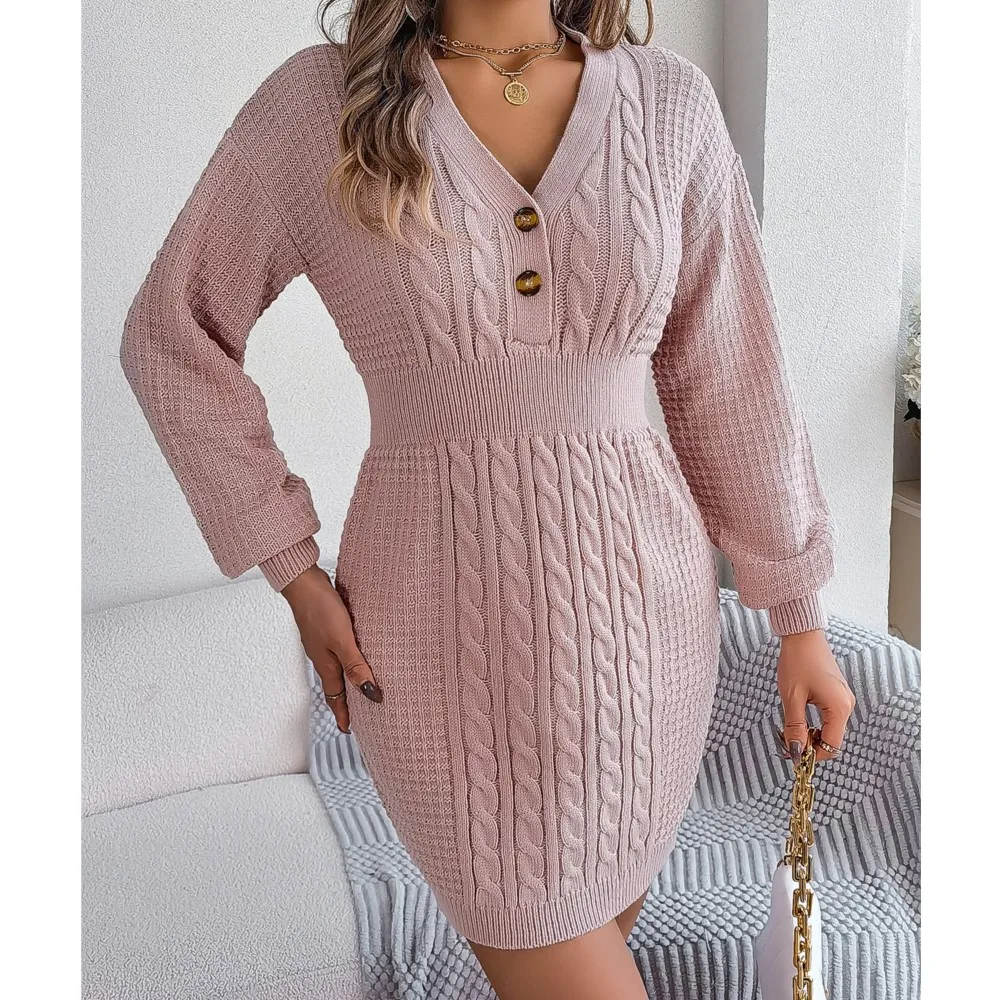 Autumn/Winter 2024 Button V-neck Fried Dough Twists Lantern Sleeve Buttocks Wool Dress Fashionable Elegant Women Pencil Dress