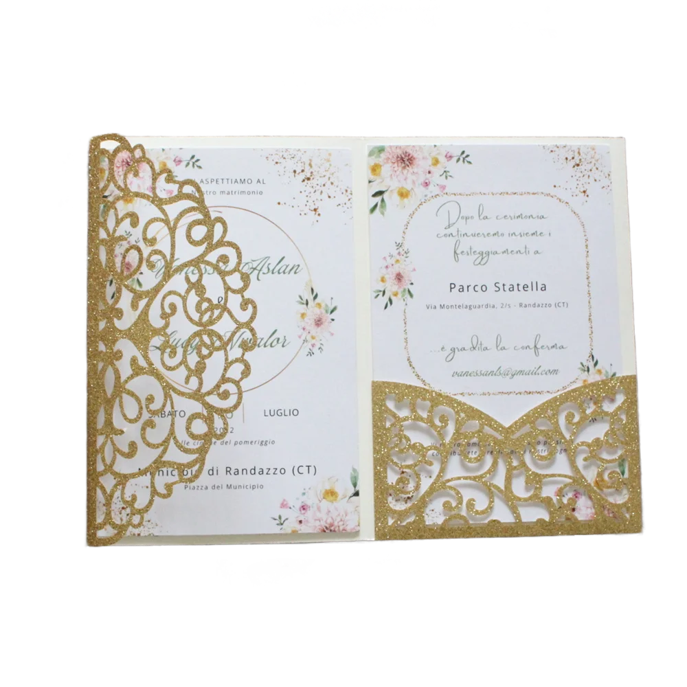 

Gold Floral Wedding Invitation Laser Cut Pocket With Envelop Glittery Ceremony Party Invitation card Custom Making 50 Sets