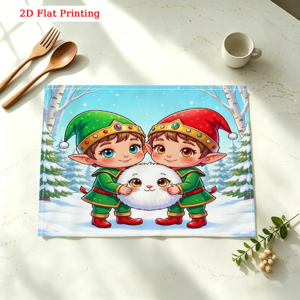 Two Elves Holding White Rabbit Kitchen Placemat Coaster Linen Pad Dish Coffee Cup Table Mat 30x40cm Home Decor