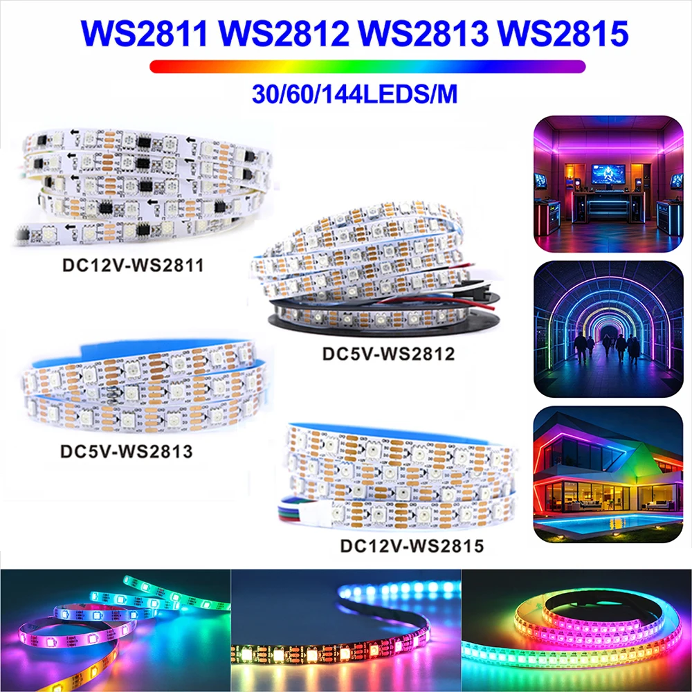 Dream Color Flexible Light Strip RGB Pixel LED WS2811 WS2812 WS2813 WS2815 LED Strip DC5V12V Selectable Black White PCB Optional