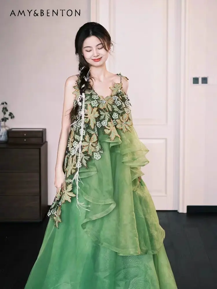 

Summer New Hot Sale Mori Style Green Strap Long Spliced Loose Morning Gown High-End Fairy Style Engagement Evening Dress