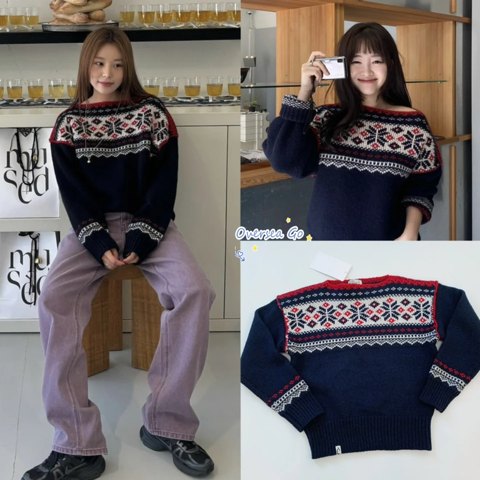 

MUSED Новинка осенне-зимнего сезона: женский вязаный свитер из шерсти с ретро-узором «Снежинка», универсальный, свободного кроя, с круглым вырезом